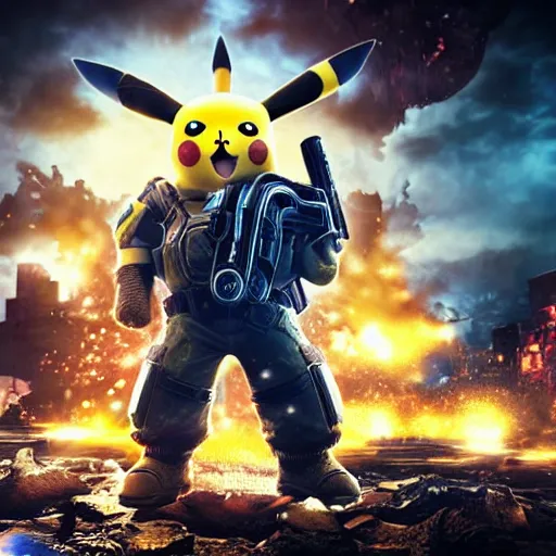 Image similar to pikachu! in Gears of War, splash art, movie still, cinematic lighting, dramatic, octane render, long lens, shallow depth of field, bokeh, anamorphic lens flare, 8k, hyper detailed, 35mm film grain