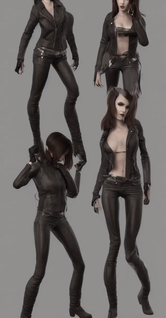 Image similar to a woman in a leather jacket posing for a picture, concept art by senior character artist, cgsociety, shock art, androgynous, daz3d, full body