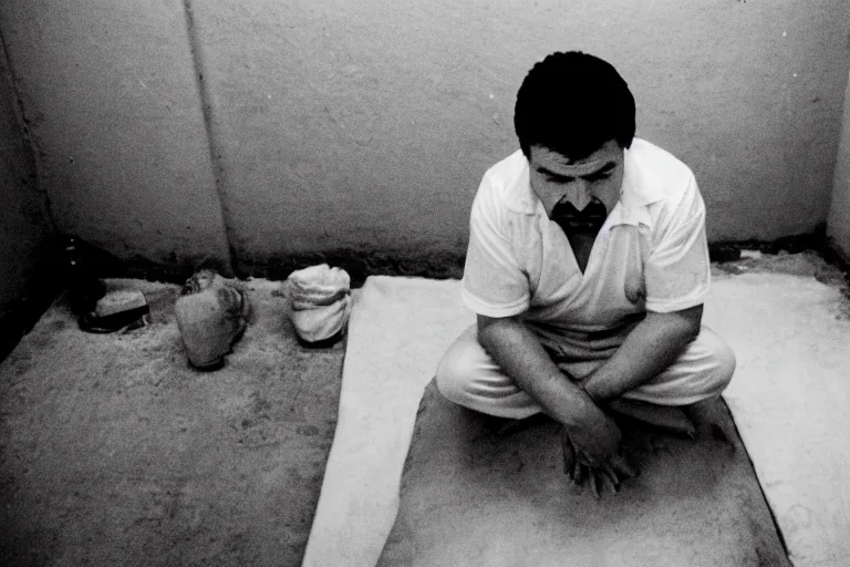 Image similar to el chapo is meditating in the middle of a prison cell. he has 8 wives. 35 mm