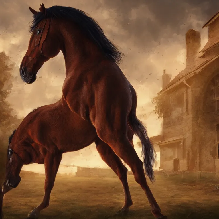 Image similar to A horse attempting to solve a jigsaw puzzle, looking confused, cinematic lighting, evening light, stables, digital painting, volumetric light, concept art, trending on artstation