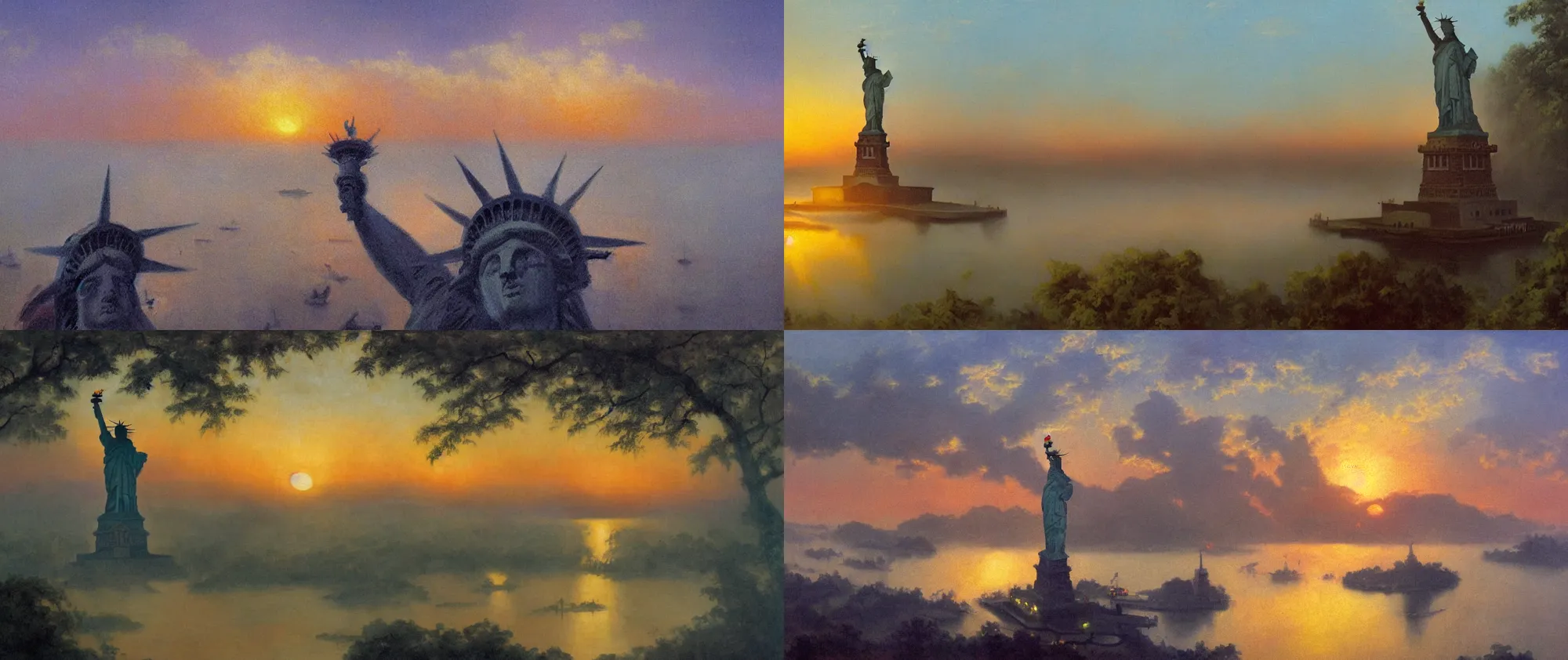 Prompt: head of statue of liberty covered with fog in lake in jungle with backlight , sunset oil painting panorama by frazetta