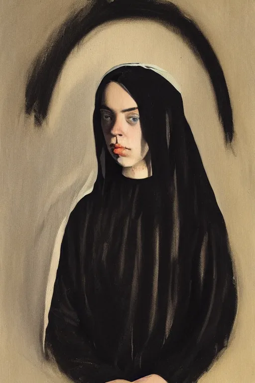 Image similar to Billie Eilish as a nun, painted by Robert Henri