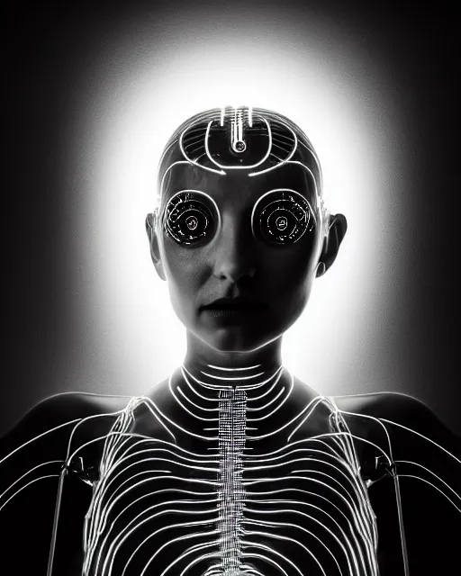 Image similar to black and white artistic photo, young female cyborg - plant goddess, microchip, artificial intelligence, bio - mechanical bio - luminescence, black wired cables, cinematic, rim light, photo - realistic, 8 k, in the style of steven meisel and dora maar and h. g. giger