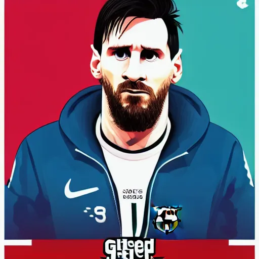 Image similar to Lionel Messi in a GTA V loading screen, cover art, posing solo, symmetrical face, in the style of Stephen Bliss, trending on artstation