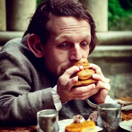 Prompt: closeup portrait of a medieval goblin eating cakes in the cloisters, depth of field, bokeh, zeiss lens, detailed, symmetrical, centered, fashion photoshoot, by annie leibovitz and steve mccurry, david lazar, jimmy nelsson, breathtaking, 8 k resolution, extremely detailed, beautiful, establishing shot, artistic, hyperrealistic, beautiful face, octane render