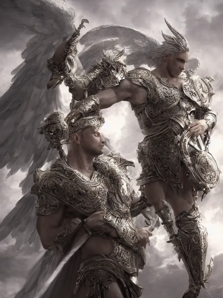 Prompt: male divine and rogynous gorgeous, with a white gold high angelic armor, dark epic, roman toga, cinematic lighting, heaven background, concept art, highly detailed, photorealistic, 4 k, mist, octane render, unreal engine, hyper detailed, volumetric lighting.