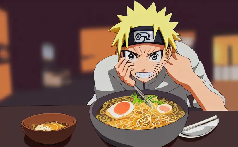 Image similar to Naruto eating a bowl of Ramen after a long day of training, digital art, 4k, anime wallpaper