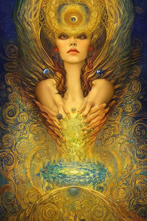 Image similar to Visions of Paradise by Karol Bak, Jean Deville, Gustav Klimt, and Vincent Van Gogh, visionary, otherworldly, dreamscape, radiant halo, fractal structures, infinite wings, ornate gilded medieval icon, third eye, spirals, heavenly spiraling clouds with godrays, airy colors