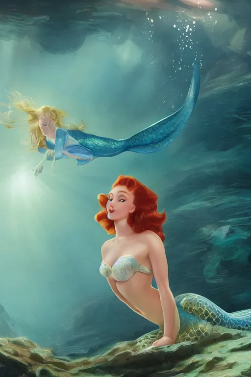 Prompt: sophie turner as the little mermaid underwater by Gil Elvgren Stanley Artgerm Lau, WLOP, James Jean, Andrei Riabovitchev, Marc Simonetti, Yoshitaka Amano, ArtStation, CGSociety, hair floating covering chest, bubbles vfx, cinematic lighting, god ray, starlit shining eyes