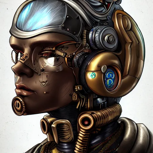 Image similar to lineart, colour, cyborg, portrait, steampunk, hyperdetailed, artstation