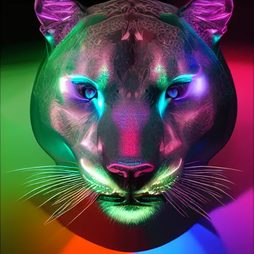 Prompt: face of multifaceted swarovski panther render, rainbow refraction, polished, highly reflective, porcelain, opal, quartz, diamond volumetric lighting, octane render, 8 k, photorealistic, ultra realistic