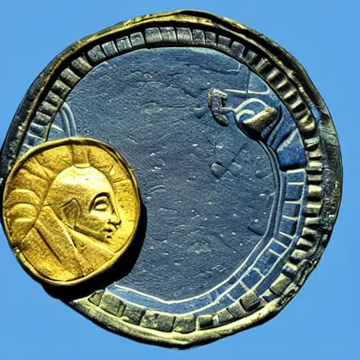 Prompt: an ancient gold coin used in the galaxy to buy space ships