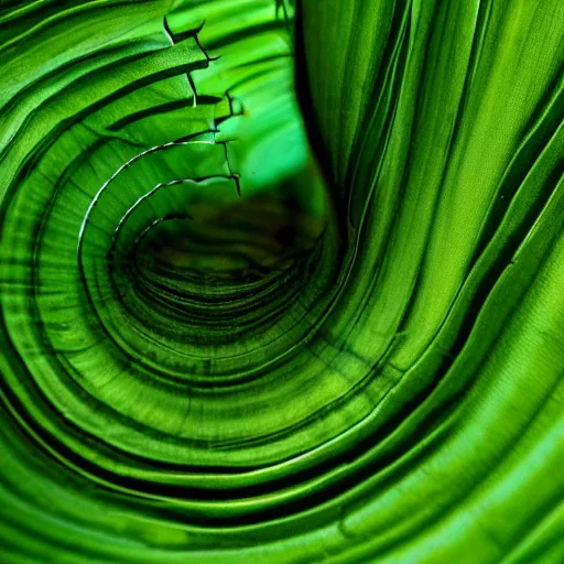 Image similar to geometric spiral made of tropical green leaves, macro photo f 1. 2