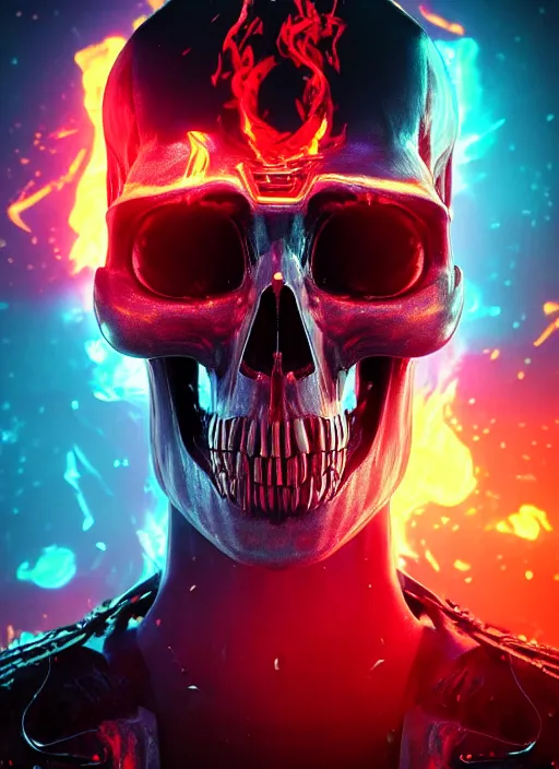 Image similar to a futuristic skull with glowing eyes and a flame fire background, cyberpunk art by android jones, behance contest winner, computer art, darksynth, synthwave, rendered in cinema 4 d