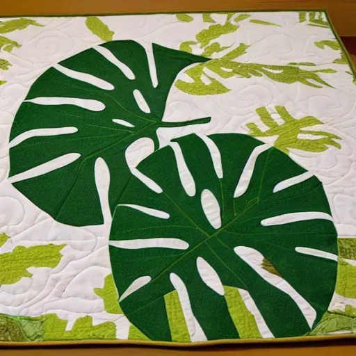 Image similar to a decorative quilt with monstera adsonii pattern, warm lighting,