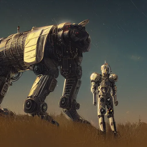 Prompt: centered portrait of white cybernetic panzerwolf made of steel and gold in light armor, by simon stalenhag, by ian pesty and alena aenami and makoto shinkai, concept art, matte painting, washed colors,