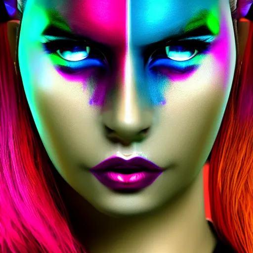 Image similar to a photo portrait of a futuristic cyberpunk woman with tech built into her face 6 0's makeup, dyed colorful hair, unreal engine,