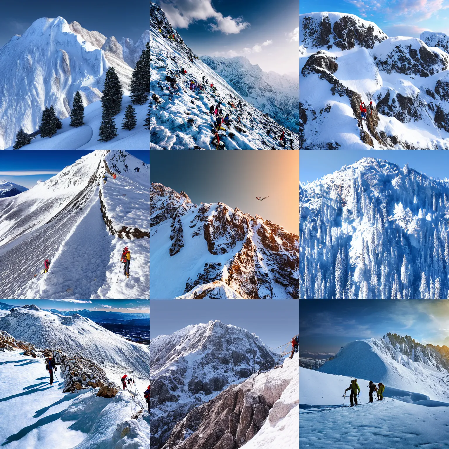 Prompt: climbers on snowy mountain, 4k, photorealistic, tourist destination, photo