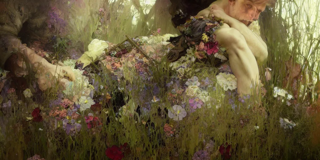 Image similar to hyperrealist portrait of a sad man covered in a dress of flowers, moss and fungi. by jeremy mann and alphonse mucha, fantasy art, photo realistic, dynamic lighting, artstation, poster, volumetric lighting, very detailed faces, 4 k, award winning