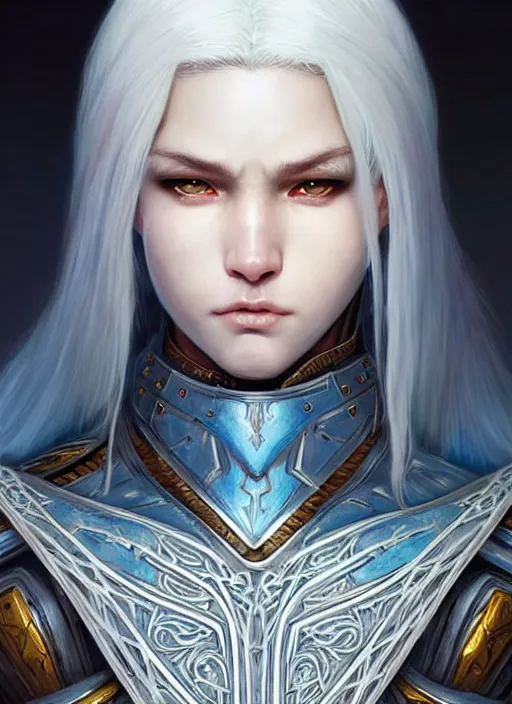 Image similar to warrior, light azure armor!!! long wild white hair!! covered chest!!! fantasy, d & d, intricate ornate details, digital painting, pretty face!!, symmetry, concept art, sharp focus, illustration, art by artgerm! greg rutkowski magali villeneuve wlop! ilya kuvshinov!!, octane render