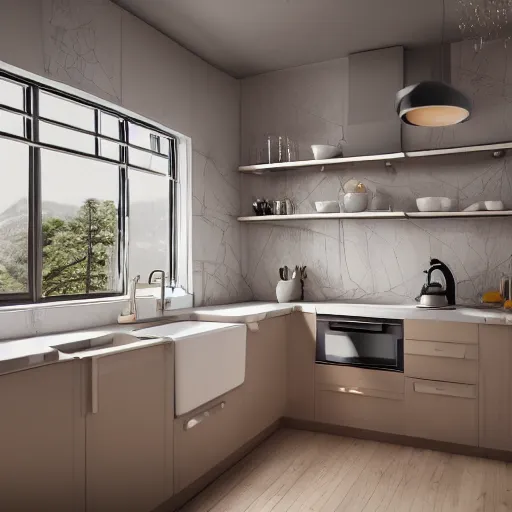 Image similar to mini model of a kitchen inside crystal ball, octane render hyperdetailed,