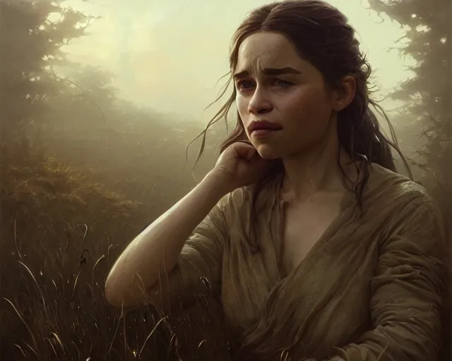 Image similar to highly detailed portrait of a emilia clarke, in the walking dead, stephen bliss, unreal engine, fantasy art by greg rutkowski, loish, rhads, ferdinand knab, makoto shinkai and lois van baarle, ilya kuvshinov, rossdraws, tom bagshaw, global illumination, radiant light, detailed and intricate environment