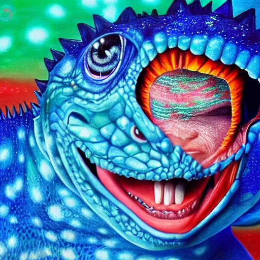 Prompt: president donald j clinton trump as a smiling laughing bright blue lizard person, airbrush painting, hyper detailed, 8 k, photorealism, rule of thirds, glitter.