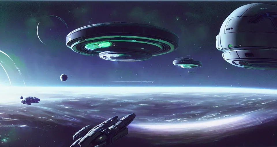 Prompt: ( one! futuristic round space station!!!!! ) in orbit above a ( green planet!!! ) | ( starships! ) | realistic!! sci - fi matte concept art painting, painted by andrew wallin, mass effect, james gurney, and halo!, smooth, intricate!!, detailed!!, sharp focus, cinematic