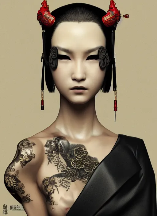 Image similar to portrait of a seductive cyberpunk geisha yakuza, imari, modern fine art, fractal, in the style of ex - machina, intricate ornaments, elegant, highly detailed, digital photography, subsurface scattering, by mc escher and greg rutkowski,