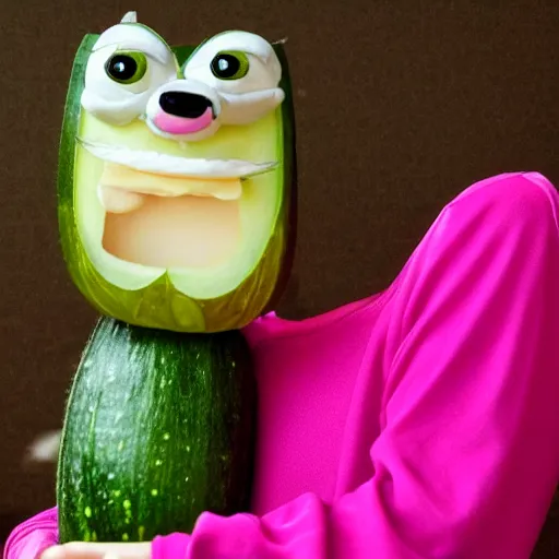 Prompt: pink panther holding a cucumber