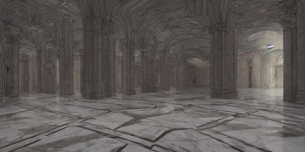 Image similar to the grand magical entrance, matte marble floors, art by kotaro chiba, volumetric lighting, epic composition