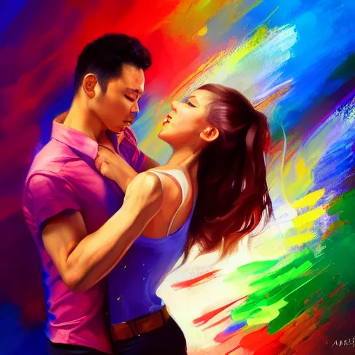 Image similar to semi realistic portrait Salsa Dancing by Stanley Artgerm Lau, strong rim light, Gesture draw, Salsa Social Dance, couple, Salsa tricks, explosive colors background, WLOP, Rossdraws, Gesture draw, James Jean, Andrei Riabovitchev, Marc Simonetti, and Sakimichan, trending on artstation