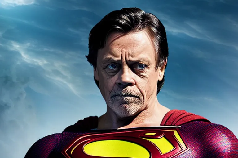 Image similar to promotional image of mark hamill as superman in the new superman movie, detailed face, movie still frame, promotional image, imax 70 mm footage