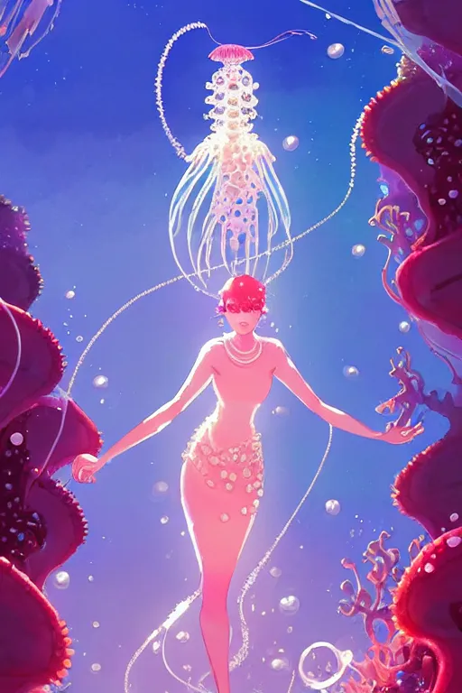 Prompt: a beautiful queen of ocean in the middle of coral reefs, pearl crystal jewelry, complex and shiny dress inspired by jellyfish, by ross tran and atey ghailan, by greg rutkowski, by greg tocchini, by james gilleard, by joe fenton, by kaethe butcher, dynamic lighting, grunge aesthetic