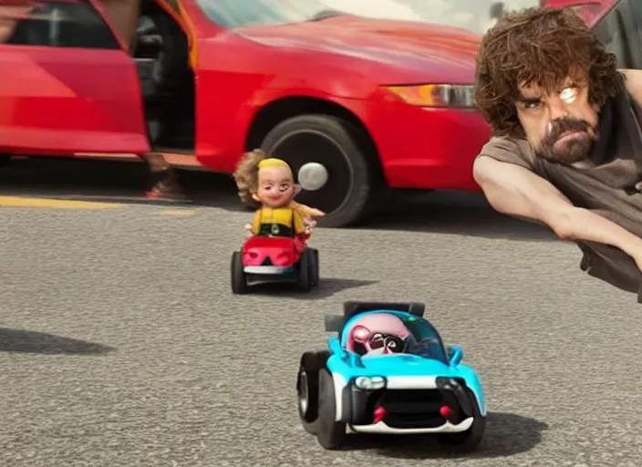 Image similar to peter dinklage driving a little tikes car, movie still, from the new fast and furious movie, 8 k, realistic