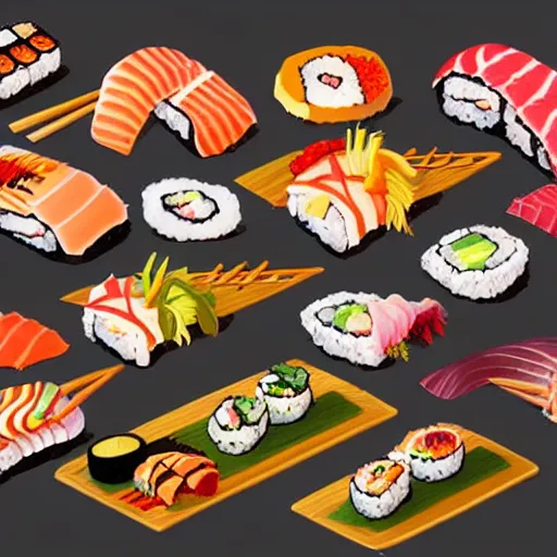 Image similar to illustration of tasty colorful sushi, in traditional japan style, by makoto shinkai and takashi takeuchi