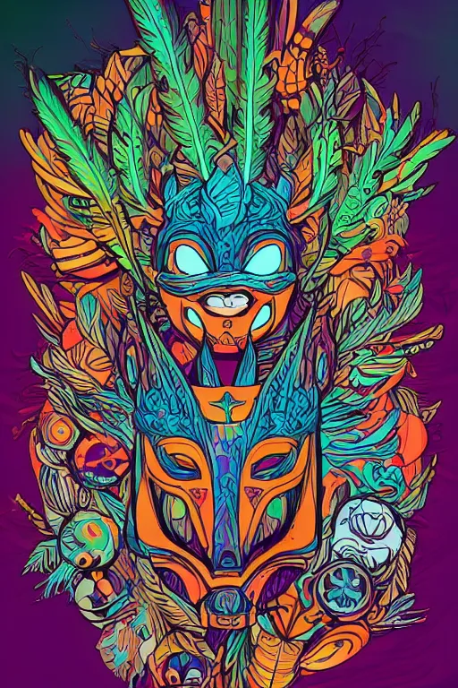 Image similar to animal mask totem roots flower tribal feather gemstone plant wood rock shaman vodoo video game vector cutout illustration vivid multicolor borderlands comics by josan gonzales and dan mumford radiating a glowing aura