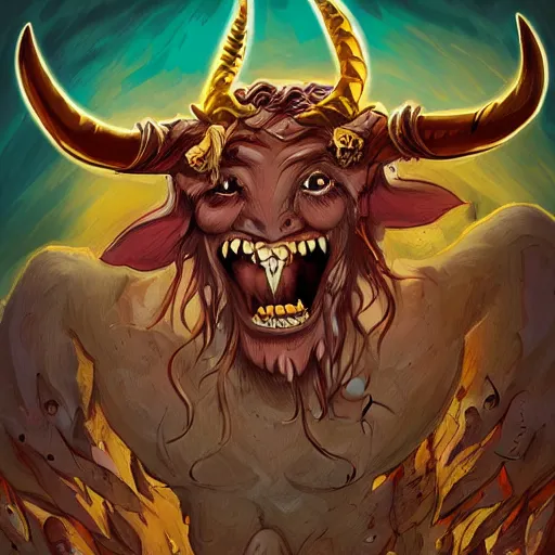 Prompt: precisely drawn illustration of a horned minotaur demon with a nose ring laughing, wide angle, sharp, fine details, French comic style, vibrant realistic colors, full color, heroic fantasy, intense line art, 8k, precise linework, realistic, in the style of Richard Corben and Moebius
