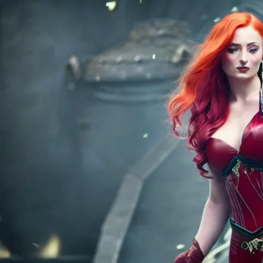 Prompt: Sophie turner as Miss Fortune in League of Legends, 4K, cinema, imax, hyperreal, full body shot, perfectly perfect details