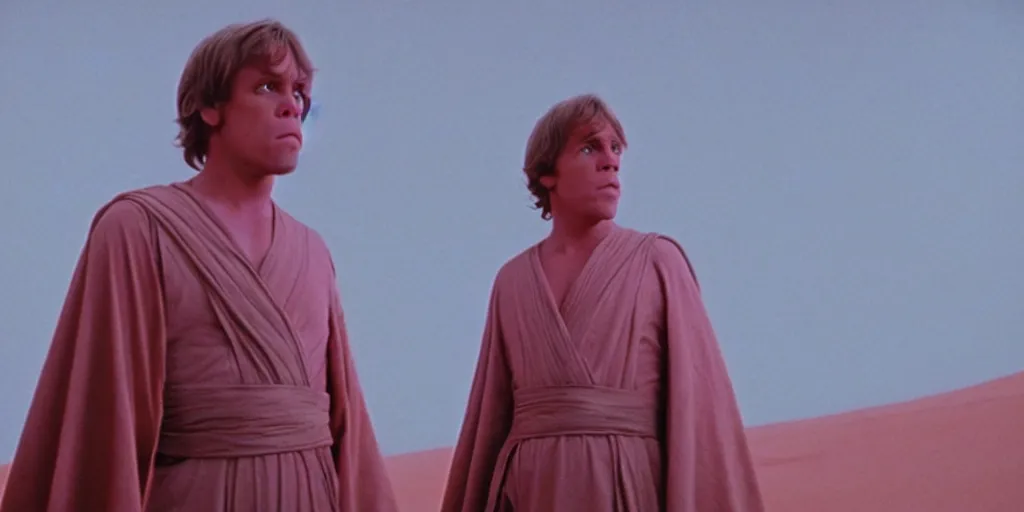 Image similar to screenshot of Luke Skywalker in dark jedi robe is lost on a surreal pink planet with black trees, minamilist 1970s sci fi film by Stanely Kubrick film, color kodak, Ektachrome, anamorphic lenses, detailed faces, hyper-realistic, photoreal, detailed portrait, moody award winning cinematography, beautiful lighting