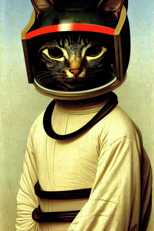 Image similar to portrait of a cat astronaut in samurai helmets an ancient human species, single person, by bouguereau