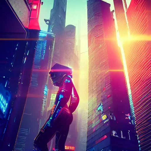 Image similar to professional photo of astronaut from low angle shot with cyberpunk city on background, blade runner, hyperrealistic masterpiece, trending on artstation, cgsociety, kodakchrome, golden ratio, cinematic, composition, beautiful lighting, hyper detailed, sharp focus, octane render, 4 k, unreal engine