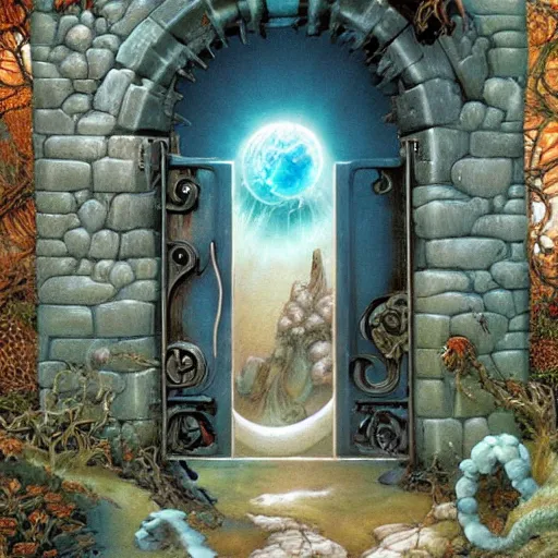 Image similar to gate portal with another world visible inside style studio ghibli and Gerald Brom, dreamy, mystical, dark