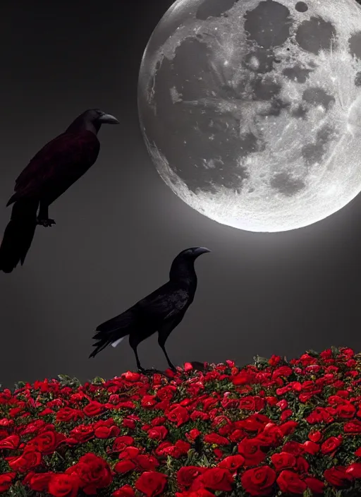 Prompt: Big glowing moon is very important in that image, red and golden color details, portrait, A crow with red eyes in front of the full big moon, book cover, red roses, red white black colors, establishing shot, extremly high detail, foto realistic, cinematic lighting, by Yoshitaka Amano, Ruan Jia, Kentaro Miura, Artgerm, post processed, concept art, artstation, raphael lacoste, alex ross, portrait, A crow with red eyes in front of the full big moon, book cover, red roses, red white black colors, establishing shot, extremly high detail, photo-realistic, cinematic lighting, by Yoshitaka Amano, Ruan Jia, Kentaro Miura, Artgerm, post processed, concept art, artstation, raphael lacoste, alex ross