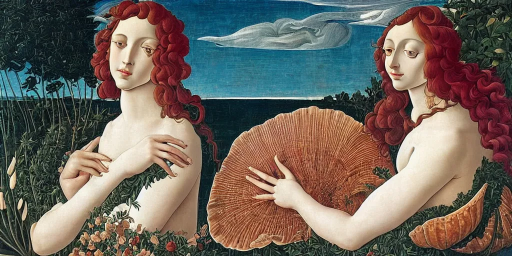 Image similar to an hyperrealistic mythological oil painting of venus with long curly brown hair, full body, wearing floral chiton, sleeping in a giant scallop shell near the seashore, intricate, elegant, renaissance style, by sandro botticelli