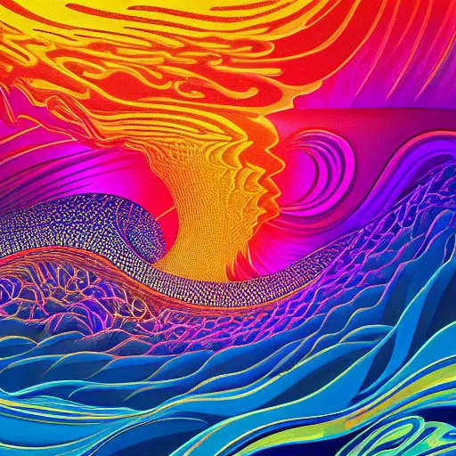 Prompt: supremely psychedelic ocean wave, water, ripples, backlit, sunset, refracted lighting, outdoors, fractals, paisley pattern, elegant, highly detailed, lifelike, photorealistic, digital painting, artstation, illustration, smooth, sharp focus, psychedelic ocean art