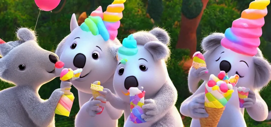 Prompt: a medium shot of a unicorn and koala enjoying ice cream cones at a birthday, highly detailed, Pixar movie, anamorphic lens