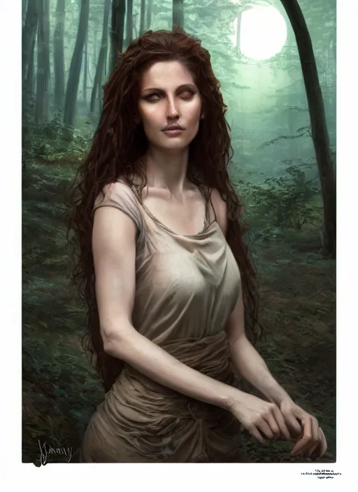 Image similar to leaves, cinematic lighting, realistic matte painting, close - up face portrait of a beautiful skinny woman as witch in front of the full big moon in a fantasy forest, by james gurney, greg rutkowski, highly detailed digital art, artstation