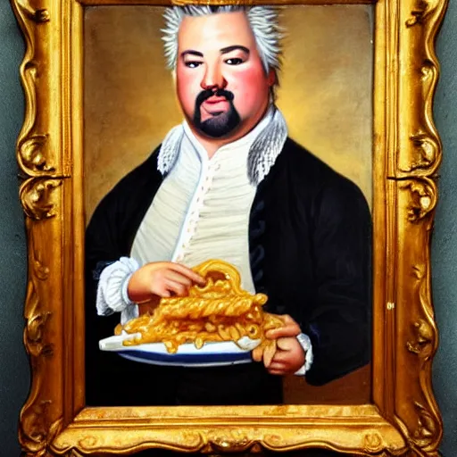 Prompt: an 1 8 th century portrait of guy fieri making a greasy macaroni and cheese sandwich, portrait, royal, oil on canvas