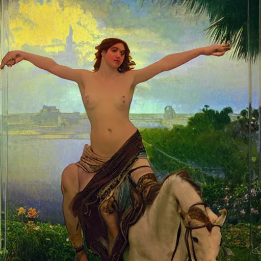 Image similar to Demon girl riding the horse at the palace, refracted sparkles, thunderstorm, greek pool, beach and Tropical vegetation on the background major arcana sky, by paul delaroche, alphonse mucha and arnold böcklin, hyperrealistic 8k, award-winning, very very very detailed